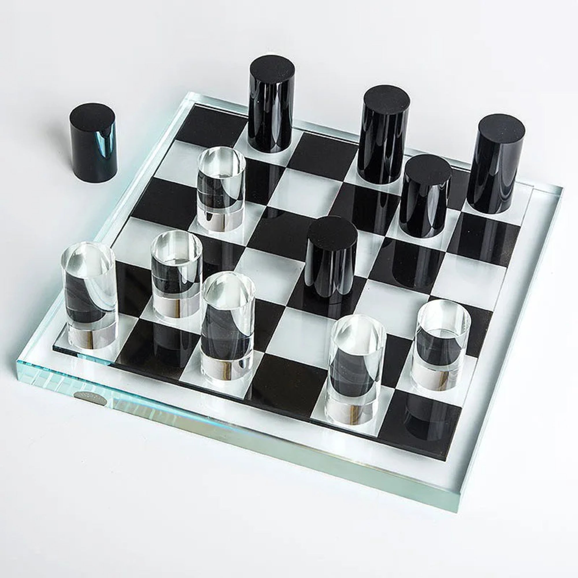 Luxury Glas Chess Set – Modern Transparent & Black Cylinder Pieces with Glass Chessboard 27 x 27 cm Gift for birthday party, holiday Luxury Glas Chess Set – Modern Transparent & Black Cylinder Pieces with Glass Chessboard 27 x 27 cm Gift for birthday party, holiday